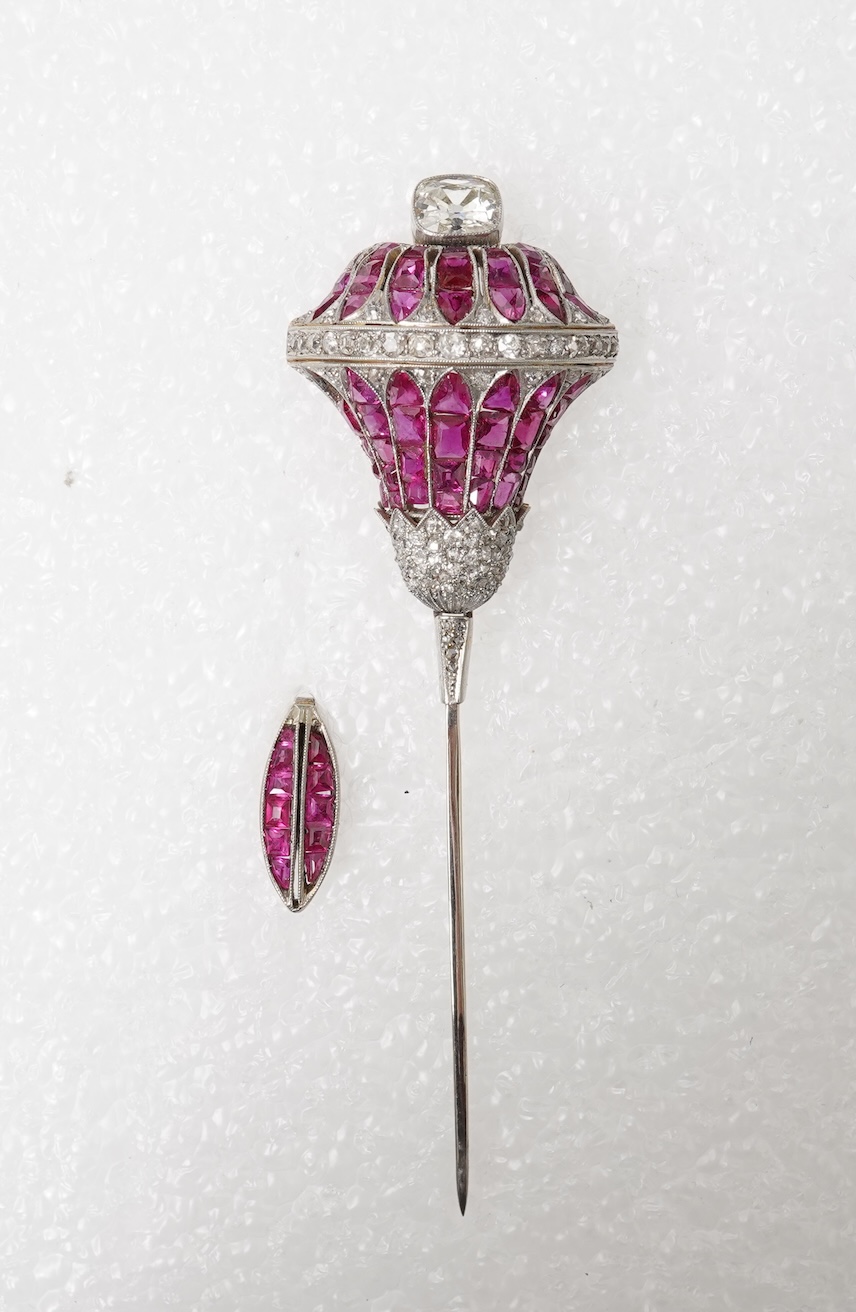 An impressive ruby and diamond jabot pin
